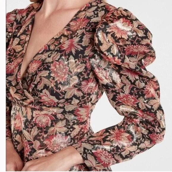Express Floral Metallic Puff Sleeve Mini Dress XS - Picture 5 of 16
